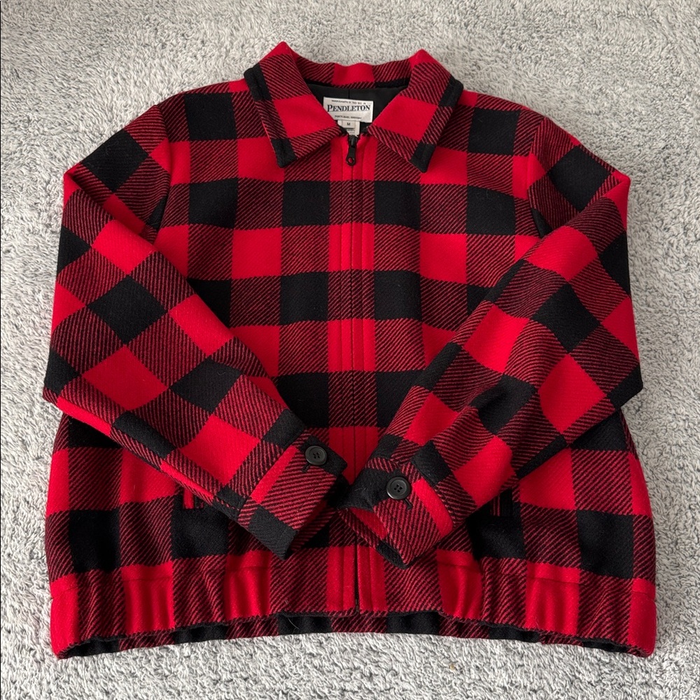 Pendleton Women’s Buffalo Plaid Red Black Wool Zip Front Bomber Jacket